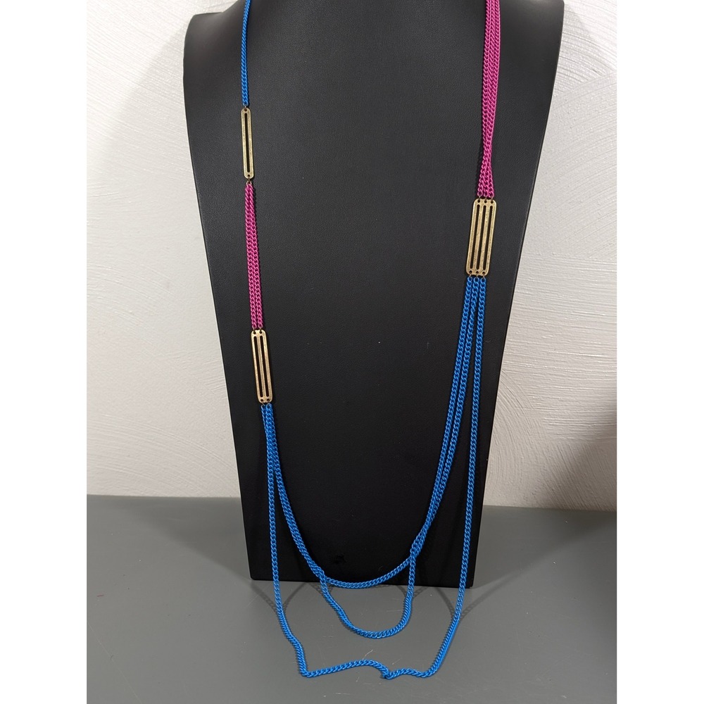 Electric Blue Pink Multi Chain Necklace 38" Gold Tone Bar Statement Y2K